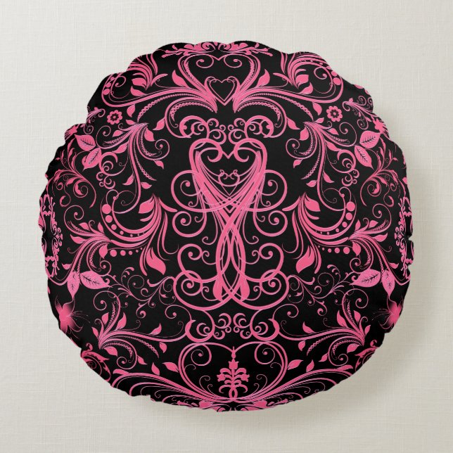 Scroll Work, Pink-Round Throw Pillow (Front)