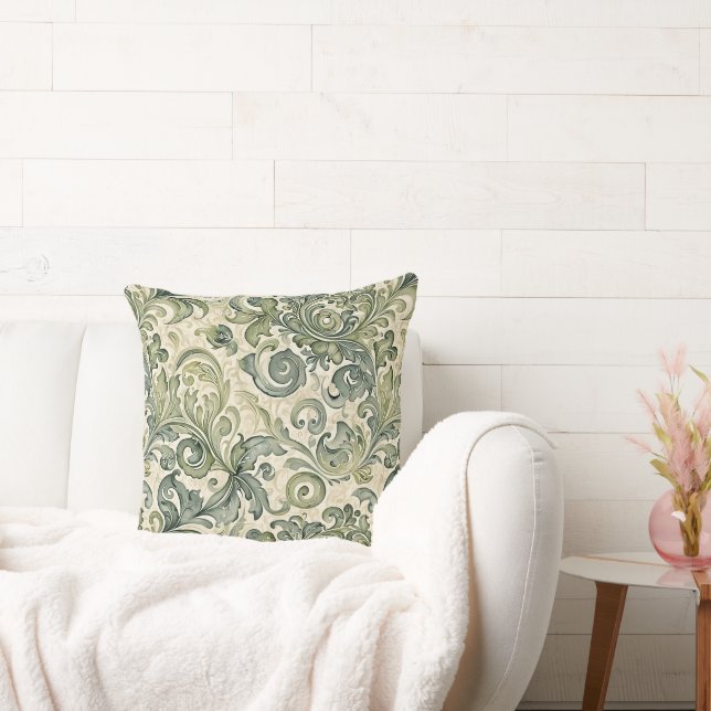 Scrolled Acanthus Sage and Teal Throw Pillow (Couch)