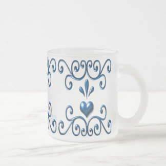 Scrolled Hearts frosted glass mug rich blue
