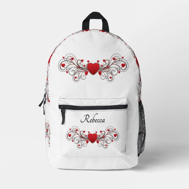  Scrolled Hearts on White Personalized Printed Backpack (Front)