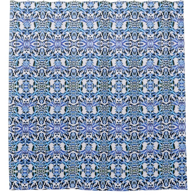 Scrolled-leaf Blue Shower Curtain (Front)