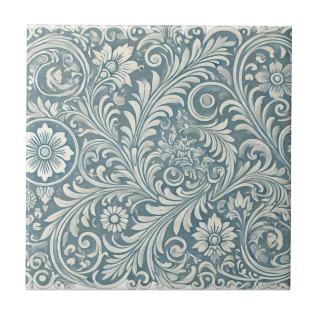 Scrolling Damask Pattern in Soft Blue and Ivory Ceramic Tile (Front)