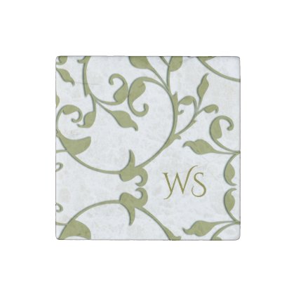 Scrolling Leaves in Olive Monogrammed Stone Magnet