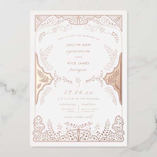 Scrolling Leaves Whimsical Wedding Rose Gold Foil Invitation