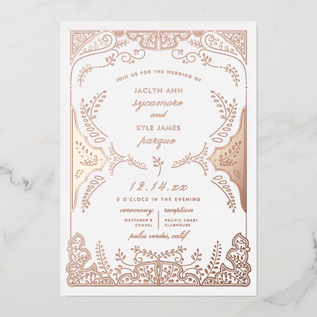 Scrolling Leaves Whimsical Wedding Rose Gold Foil Invitation (Front)