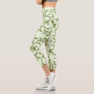 Scrolling Olive Leaves Capri Leggings