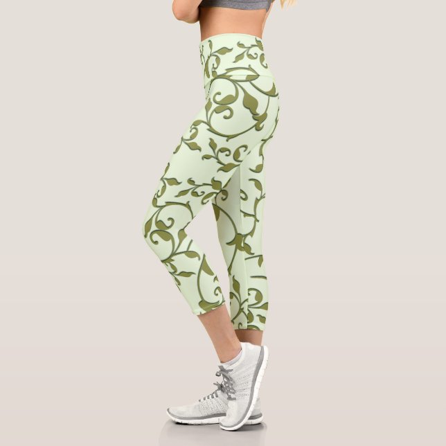 Scrolling Olive Leaves Capri Leggings (Left)