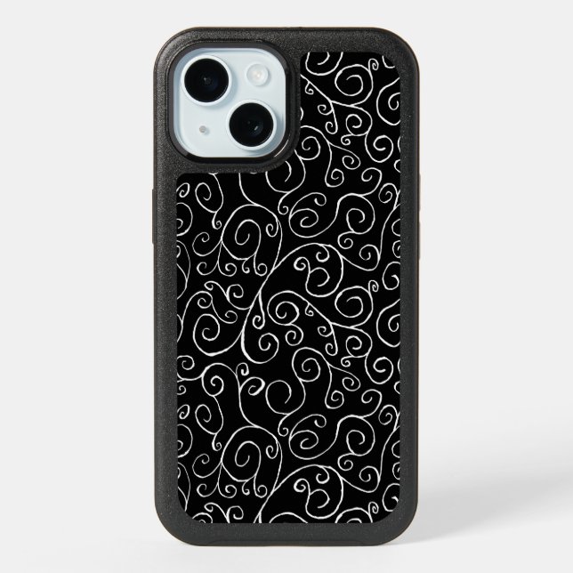 Scrolling White Curves on Black iPhone 15 Case (Back)