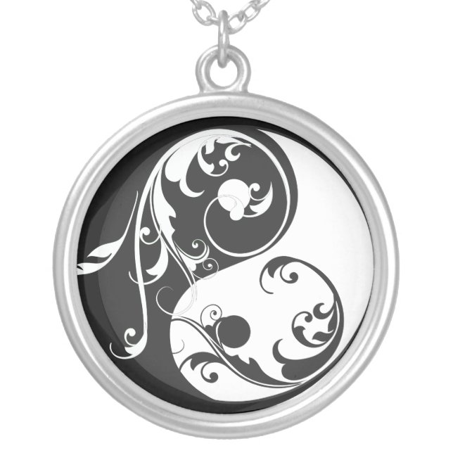 Scrolling Yin & Yang (black) Silver Plated Necklace (Front)