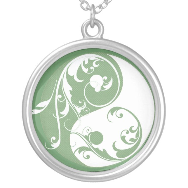 Scrolling Yin & Yang (green) Silver Plated Necklace (Front)
