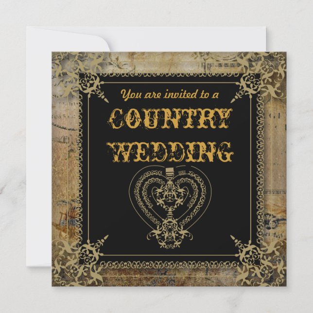 Scrolls rustic country western saloon wedding invitation (Front)