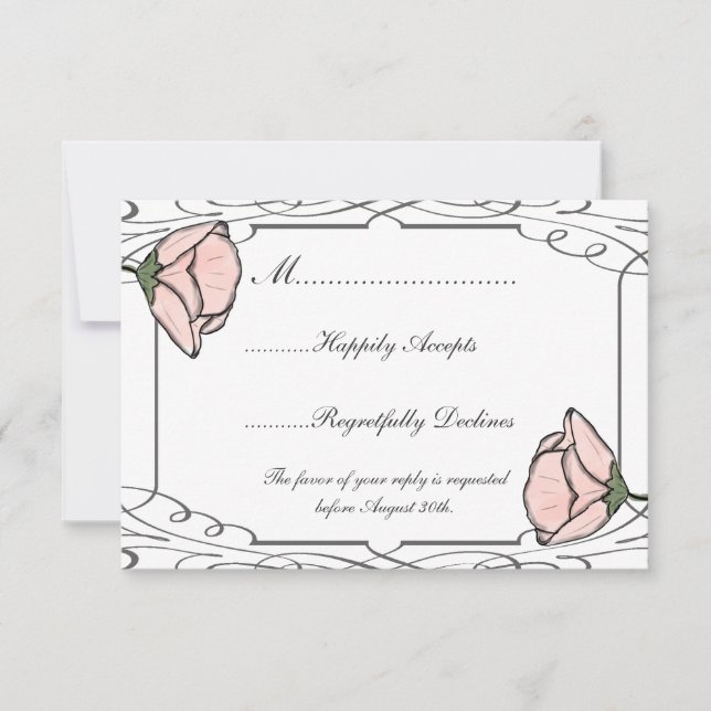 Scrollwork and Pink Flower Wedding RSVP Card (Front)