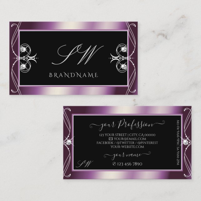 Scrollwork Black Purple Sparkle Diamonds Initials Business Card (Front/Back)