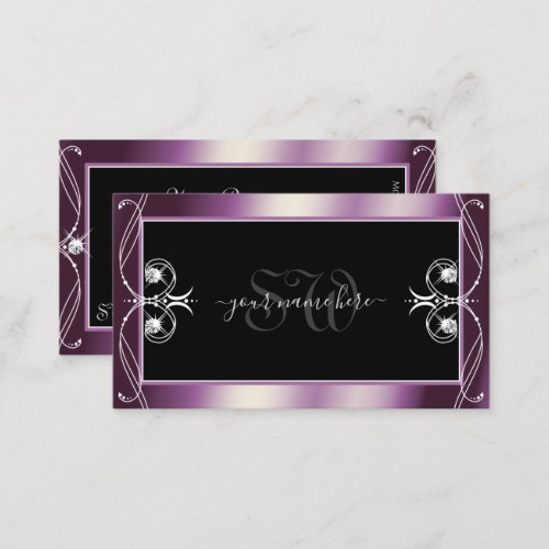 Scrollwork Black Purple Sparkle Diamonds Monogram Business Card