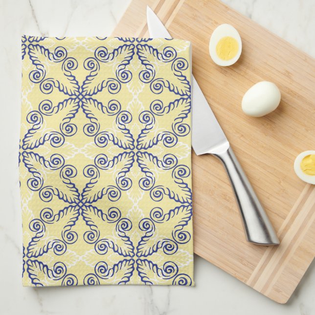 Scrollwork Pattern Navy & White on Yellow Towel (Quarter Fold)