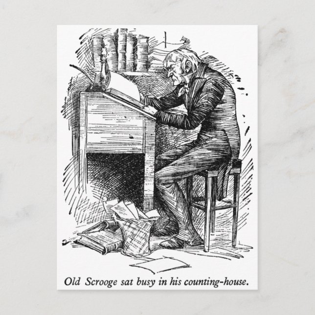 Scrooge at His Desk (with text) Postcard (Front)