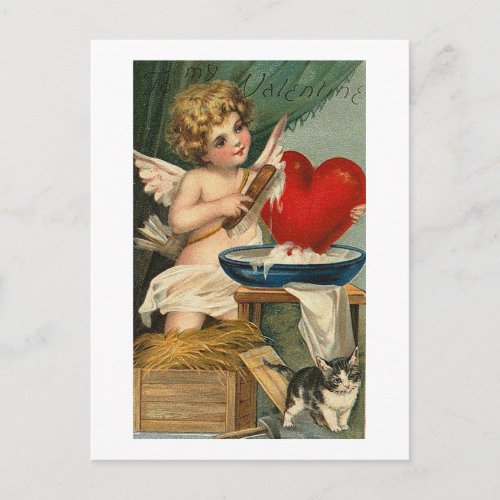 Scrubbing Heart Cupid and Cat Postcard