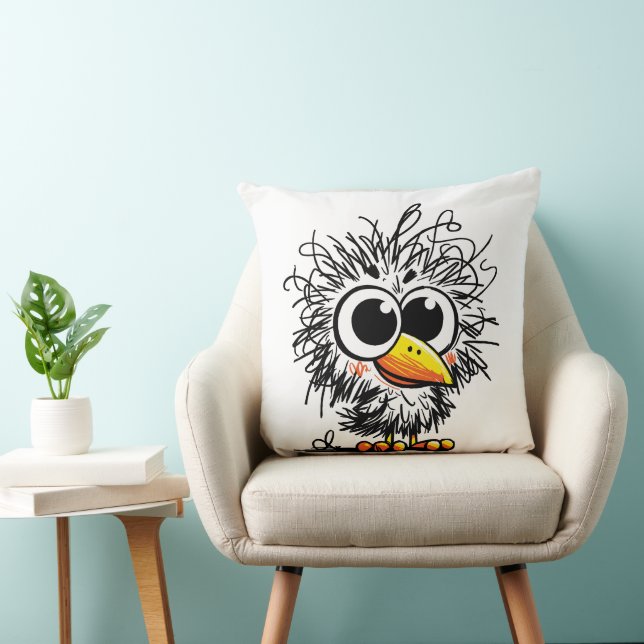Scruffy Bird: Cute and Funny Art Throw Pillow (Chair)