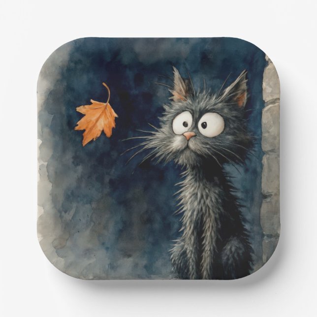 Scruffy Black Alley Cat With an Autumn Leaf Paper Plates (Front)
