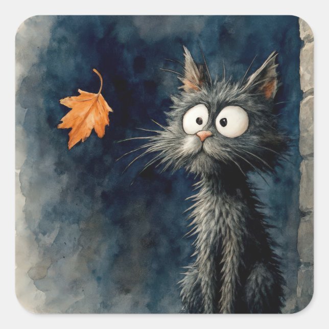 Scruffy Black Alley Cat With an Autumn Leaf Square Sticker (Front)