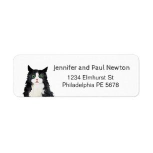 scruffy black and white cat return address label