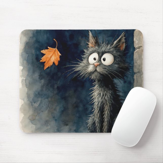 Scruffy Cat With Autumn Leaf Mouse Pad (With Mouse)