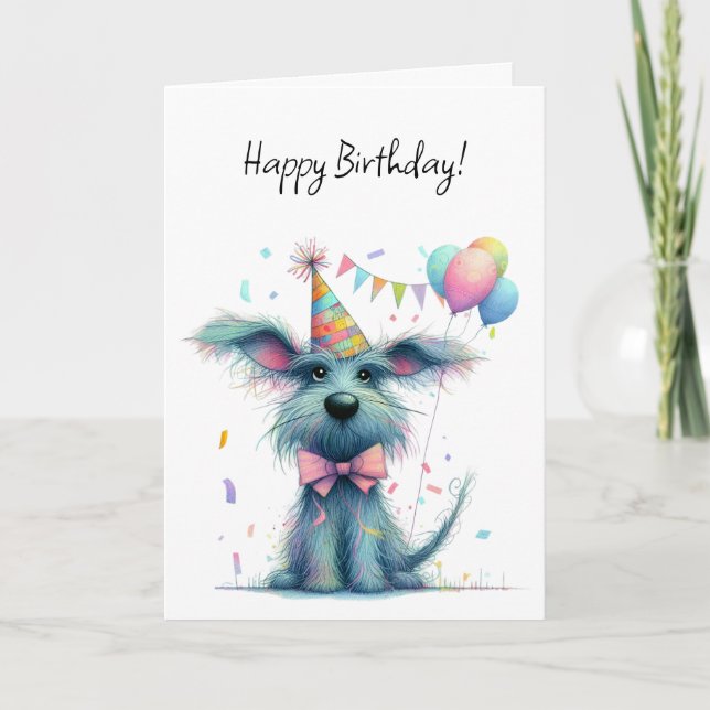 Scruffy Dog in a Party Hat with Balloons Birthday Card (Front)