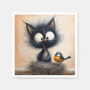 Scruffy Wide-eyed Cat Holding a Worm For a Bird Napkins