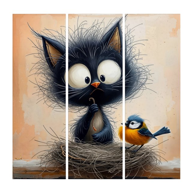Scruffy Wide-eyed Cat Holding a Worm For a Bird Triptych (Front)