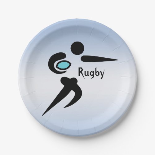 Scrum Ball Rugby Player Blue Paper Plates