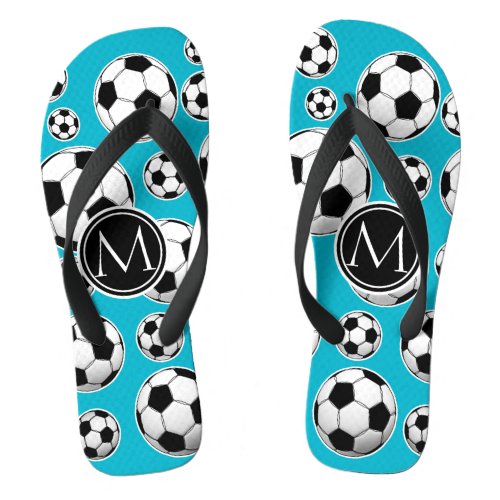 Scuba Blue Soccer Ball Pattern and Monogram Flip Flops