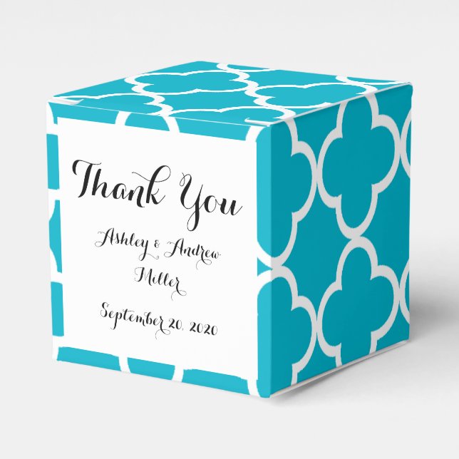Scuba Blue White Quatrefoil Moroccan Pattern Favor Boxes (Front Side)