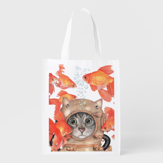Scuba Cat Among the Fishes Grocery Bag (Front)