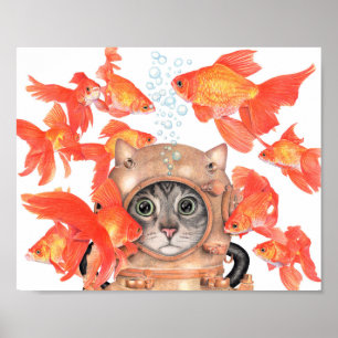 Scuba Cat Among the Fishes Poster