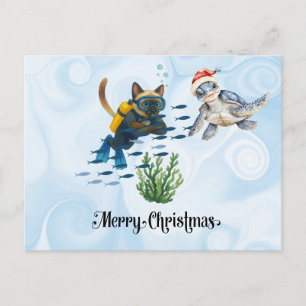 Scuba Cat Christmas diving with turtle Holiday Postcard