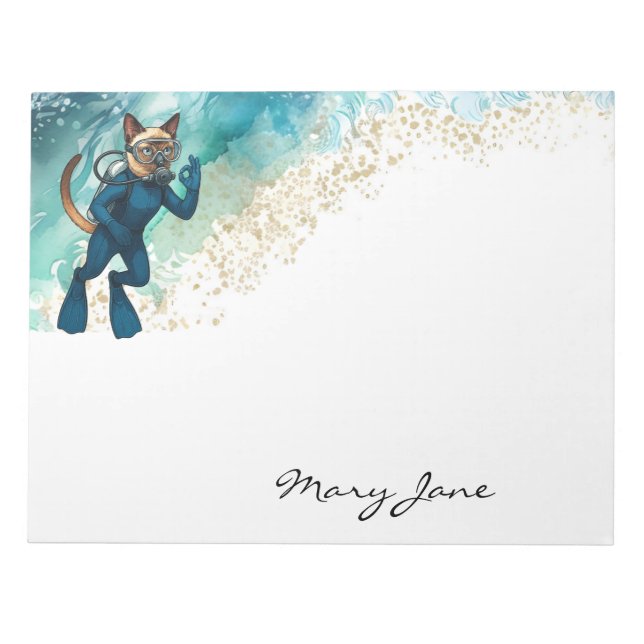 Scuba Cat Diving Blue Wet Suit Notepad (Front)