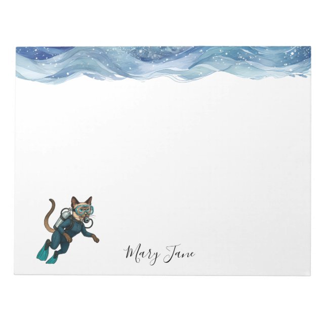 Scuba Cat Diving Blue Wet Suit Notepad (Front)