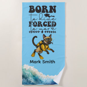 Scuba Cat Diving Blue Wet Suit with your name Beach Towel