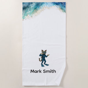 Scuba Cat Diving Blue Wet Suit with your name Beach Towel