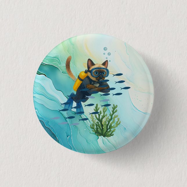 Scuba Cat is diving  Underwater  Button (Front)