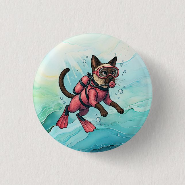 Scuba Cat is diving  Underwater  Button (Front)