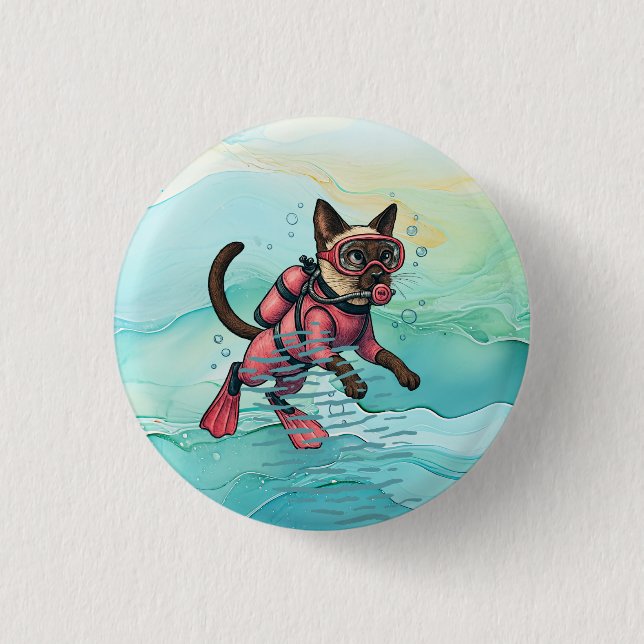 Scuba Cat is diving  Underwater  Button (Front)
