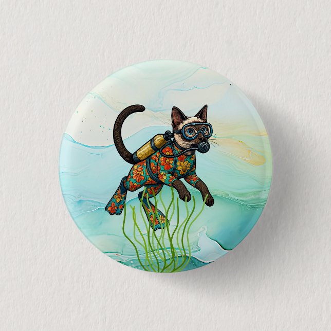Scuba Cat is diving  Underwater  Button (Front)