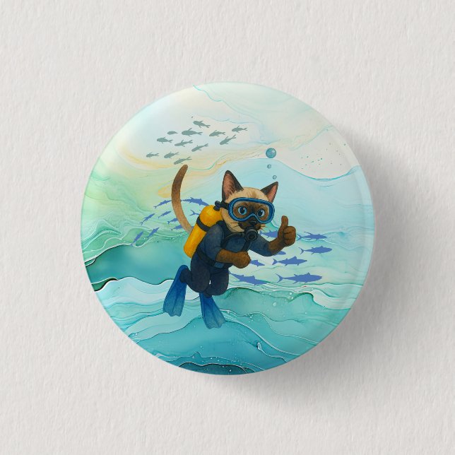 Scuba Cat is diving  Underwater  Button (Front)