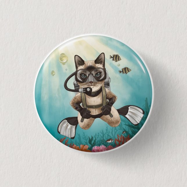 Scuba Cat is diving  Underwater  Button (Front)