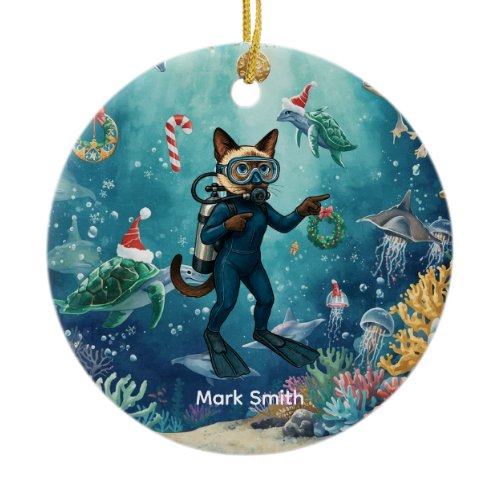 Scuba Cat is diving  Underwater Christmas themed Ceramic Ornament