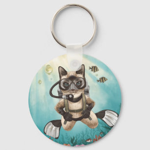 Scuba Cat is diving Underwater Keychain