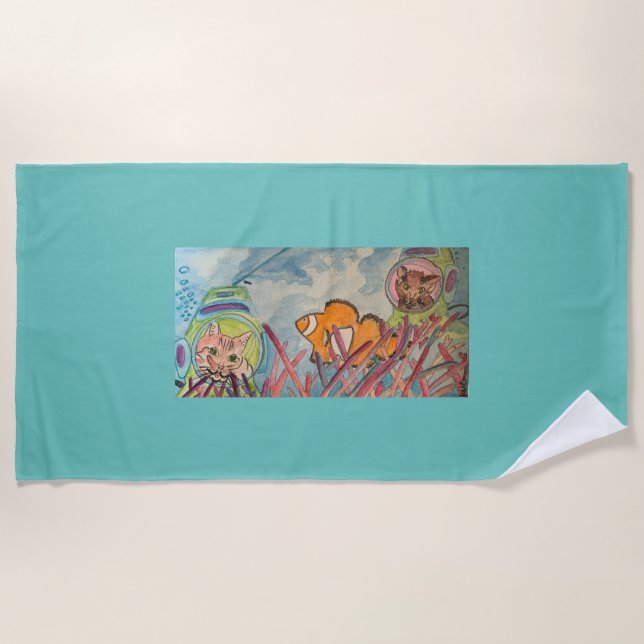 Scuba Cats Watercolor  Beach Towel (Front)