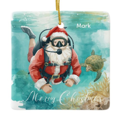 Scuba Christmas Santa Claus diving with turtle Ceramic Ornament