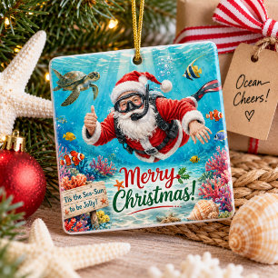 Scuba Christmas Santa Claus diving with turtle Ceramic Ornament